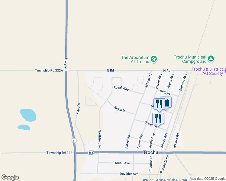 map of restaurants, bars, coffee shops, grocery stores, and more near 307 Royal Way in Trochu