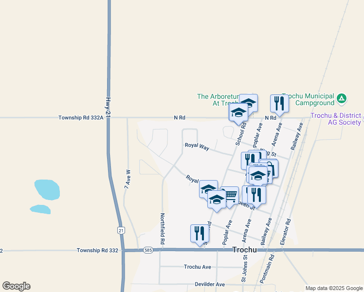map of restaurants, bars, coffee shops, grocery stores, and more near 307 Royal Way in Trochu