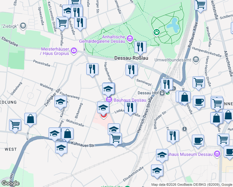 map of restaurants, bars, coffee shops, grocery stores, and more near Bauhausstraße in Dessau-Roßlau