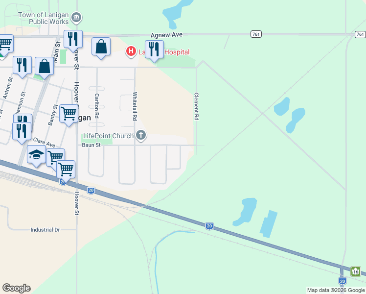 map of restaurants, bars, coffee shops, grocery stores, and more near 15 Robertson Road in Lanigan
