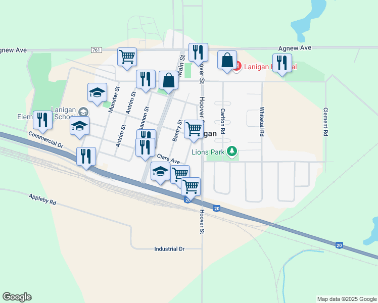 map of restaurants, bars, coffee shops, grocery stores, and more near Mayo Street in Lanigan