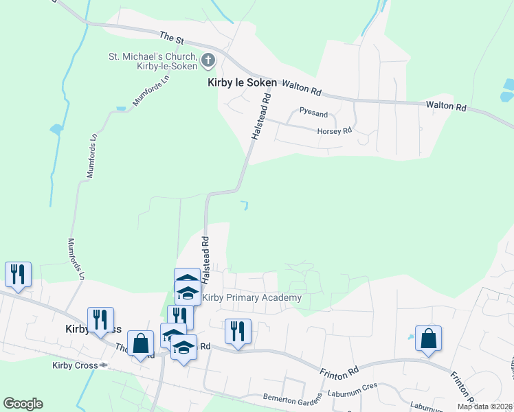 map of restaurants, bars, coffee shops, grocery stores, and more near Halstead Road in Kirby Cross