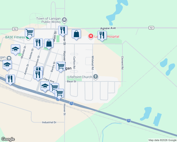 map of restaurants, bars, coffee shops, grocery stores, and more near 11 Balsam Place in Lanigan