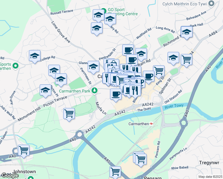 map of restaurants, bars, coffee shops, grocery stores, and more near in Carmarthenshire