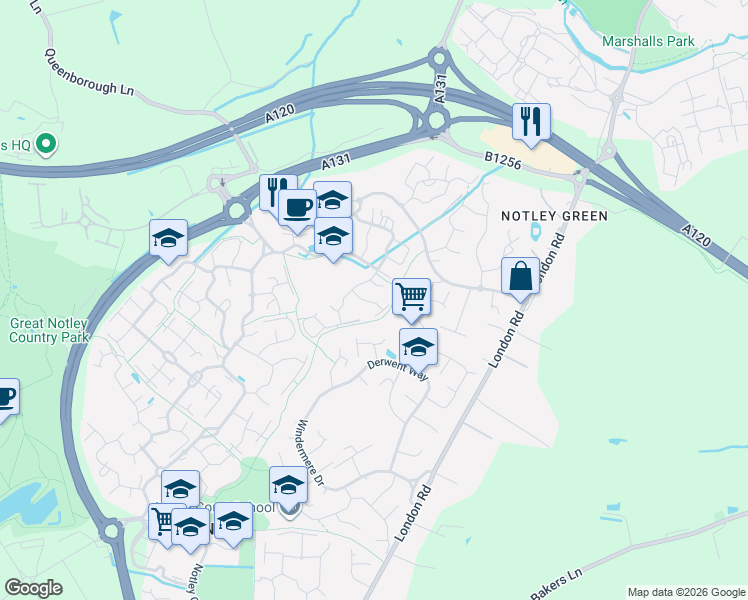 map of restaurants, bars, coffee shops, grocery stores, and more near 17 Tailors Close in Great Notley