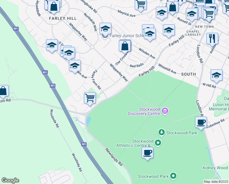 map of restaurants, bars, coffee shops, grocery stores, and more near Farley Hill in Luton