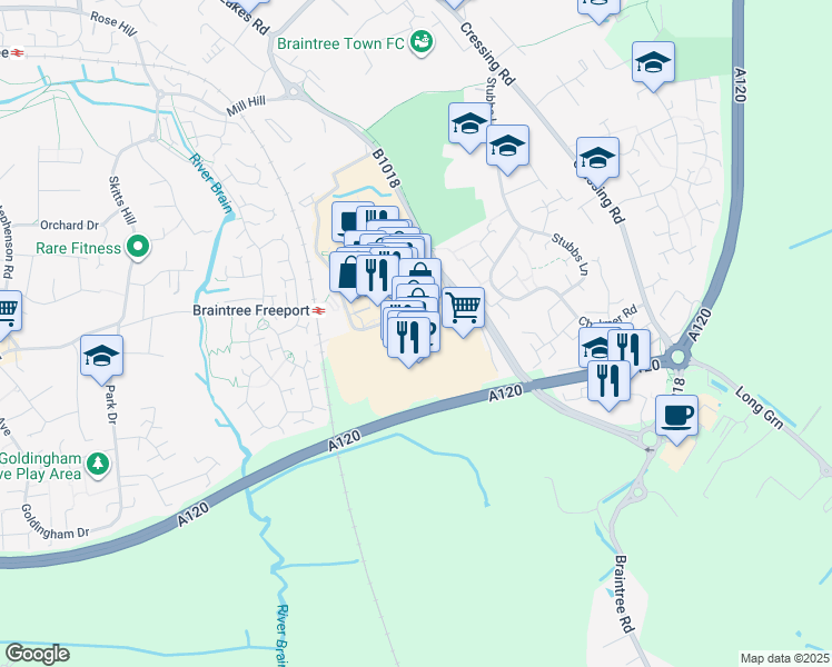 map of restaurants, bars, coffee shops, grocery stores, and more near Charter Way in Essex