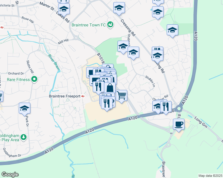 map of restaurants, bars, coffee shops, grocery stores, and more near Charter Way in Essex