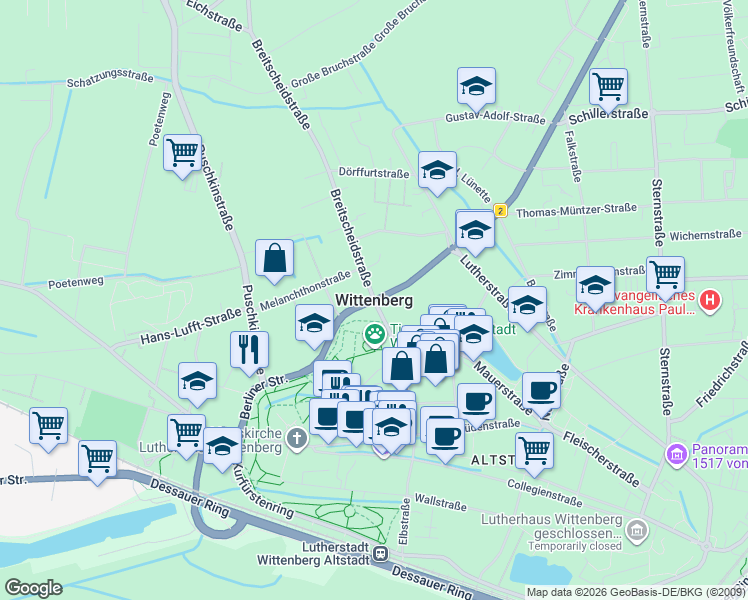map of restaurants, bars, coffee shops, grocery stores, and more near in Wittenberg