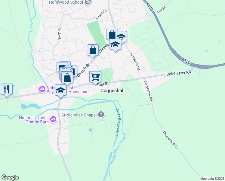 map of restaurants, bars, coffee shops, grocery stores, and more near in Coggeshall