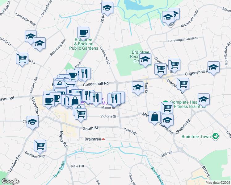 map of restaurants, bars, coffee shops, grocery stores, and more near 55-63 Railway Street in Essex