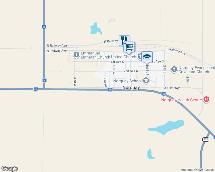 map of restaurants, bars, coffee shops, grocery stores, and more near 245 2 Street West in Norquay