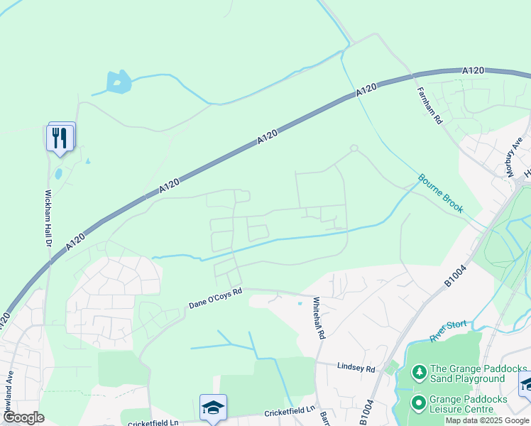 map of restaurants, bars, coffee shops, grocery stores, and more near Stortford Fields in Hertfordshire