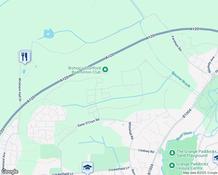 map of restaurants, bars, coffee shops, grocery stores, and more near Stortford Fields in Hertfordshire