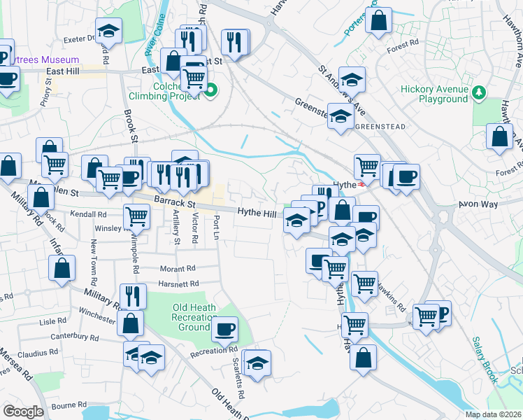 map of restaurants, bars, coffee shops, grocery stores, and more near 142 Hythe Hill in Essex