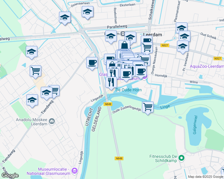 map of restaurants, bars, coffee shops, grocery stores, and more near Lingedijk in Leerdam