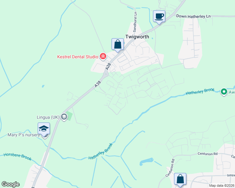 map of restaurants, bars, coffee shops, grocery stores, and more near in Twigworth