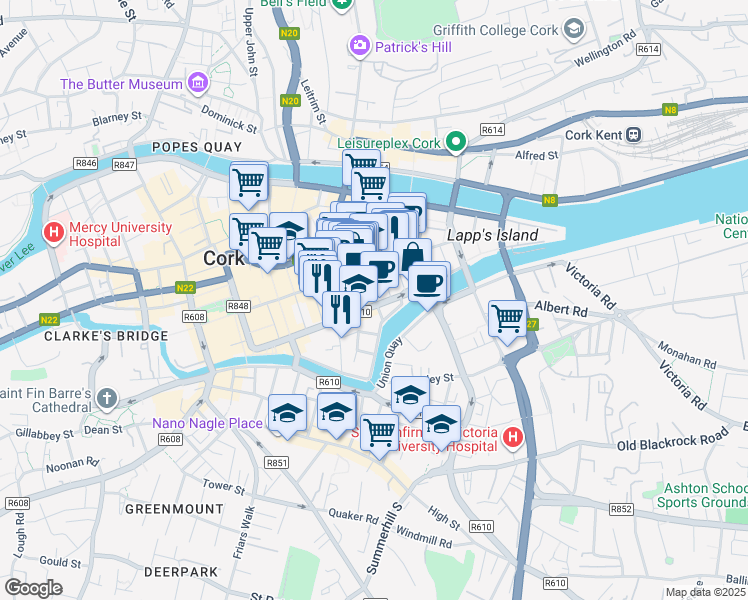 map of restaurants, bars, coffee shops, grocery stores, and more near 85 South Mall in Cork