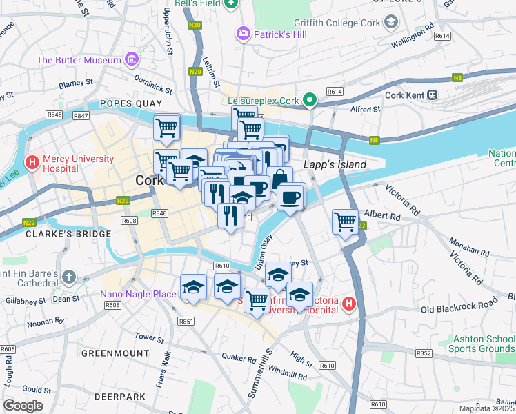 map of restaurants, bars, coffee shops, grocery stores, and more near 85 South Mall in Cork