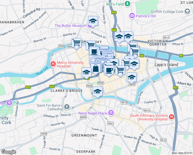 map of restaurants, bars, coffee shops, grocery stores, and more near 2 Washington Street in Cork