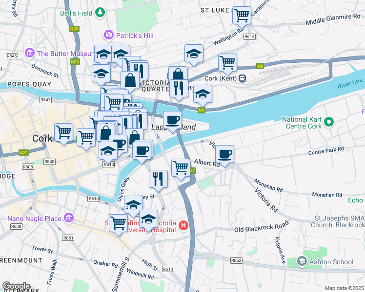 map of restaurants, bars, coffee shops, grocery stores, and more near Albert Quay in Cork