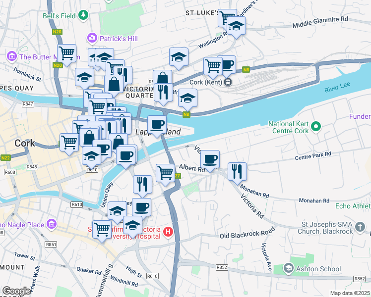 map of restaurants, bars, coffee shops, grocery stores, and more near Albert Quay in Cork