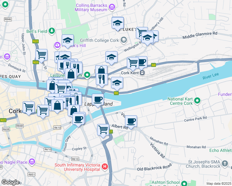 map of restaurants, bars, coffee shops, grocery stores, and more near Penrose Quay in Cork