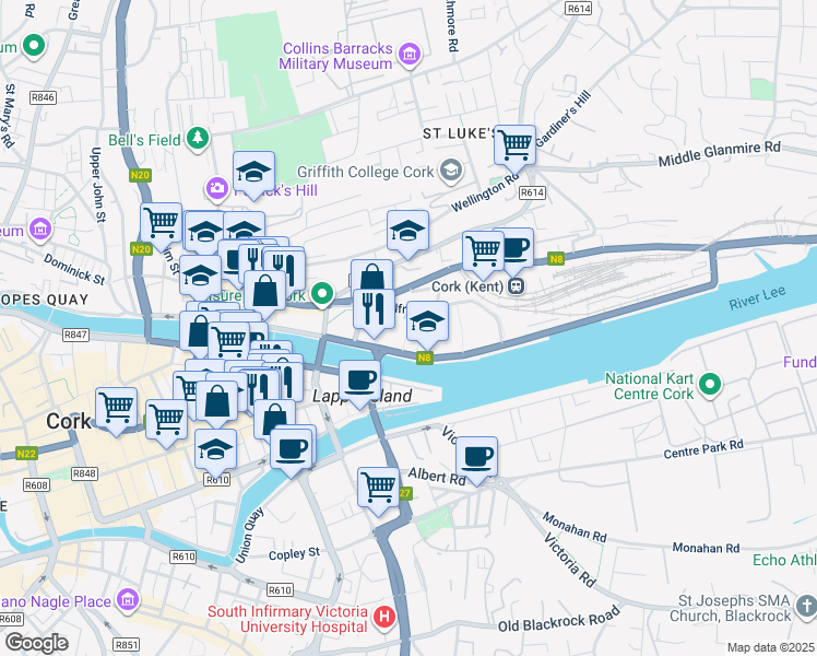 map of restaurants, bars, coffee shops, grocery stores, and more near Penrose Dock in Cork