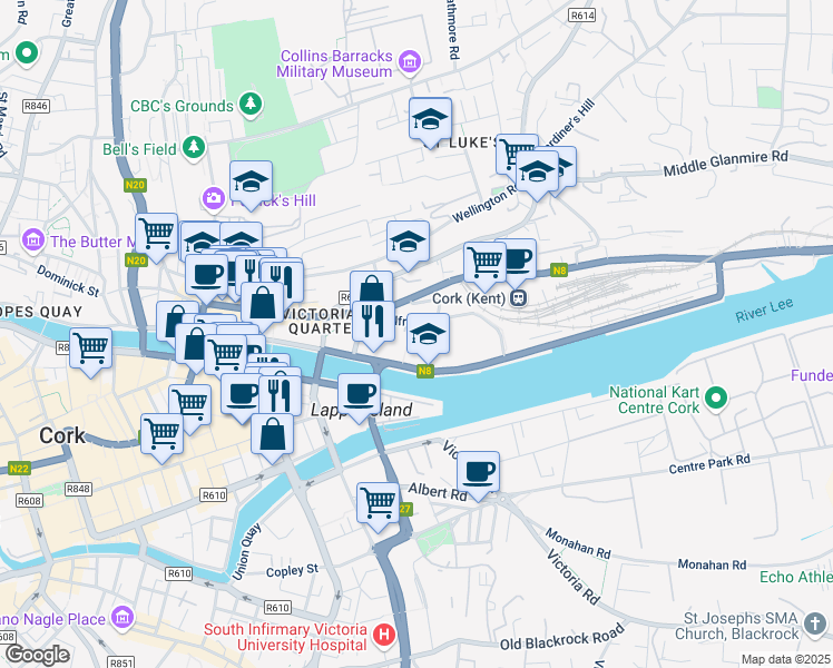 map of restaurants, bars, coffee shops, grocery stores, and more near in Cork