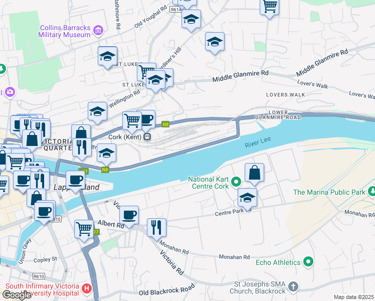 map of restaurants, bars, coffee shops, grocery stores, and more near Horgan's Quay in Cork