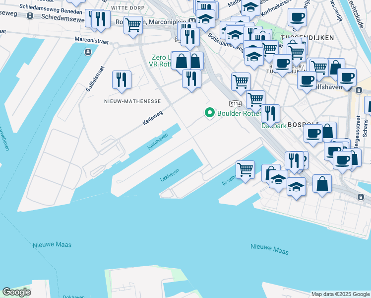 map of restaurants, bars, coffee shops, grocery stores, and more near 501 Benjamin Franklinstraat in Rotterdam