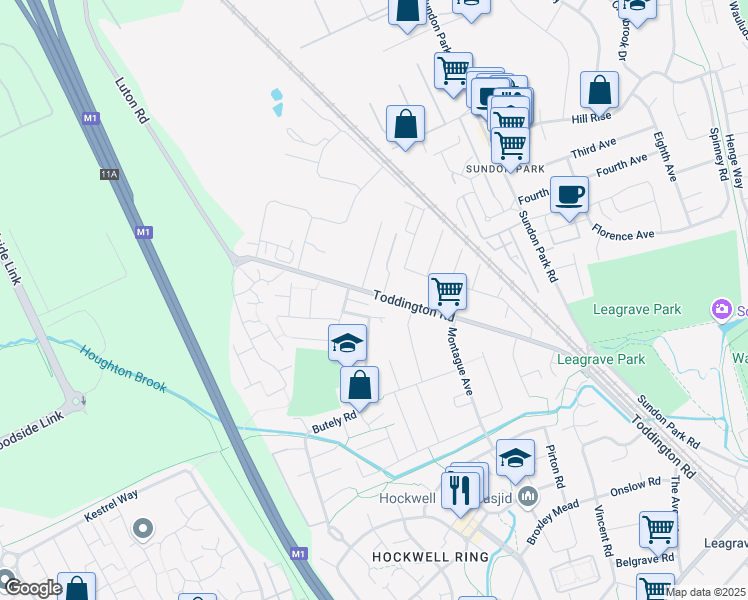 map of restaurants, bars, coffee shops, grocery stores, and more near in Luton
