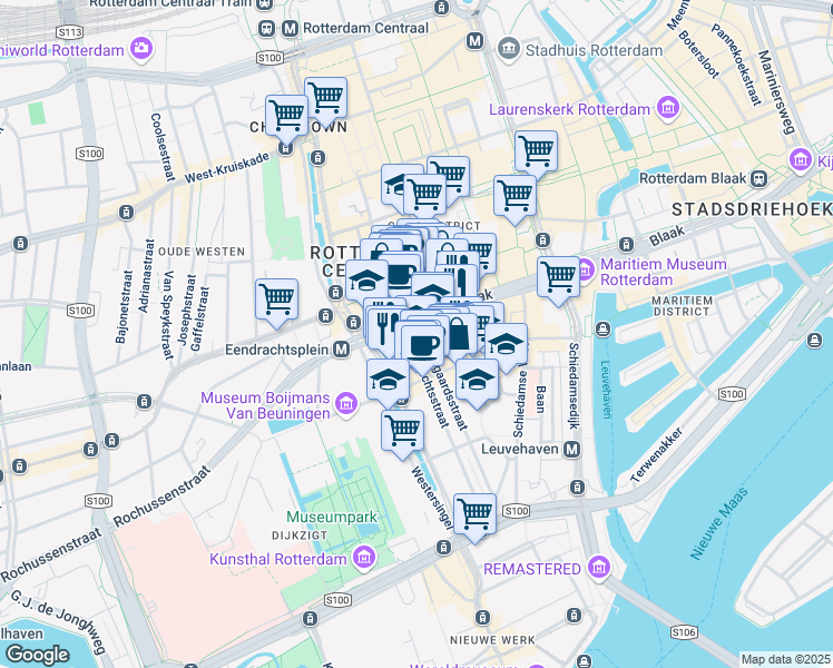 map of restaurants, bars, coffee shops, grocery stores, and more near 180 Westblaak in Rotterdam