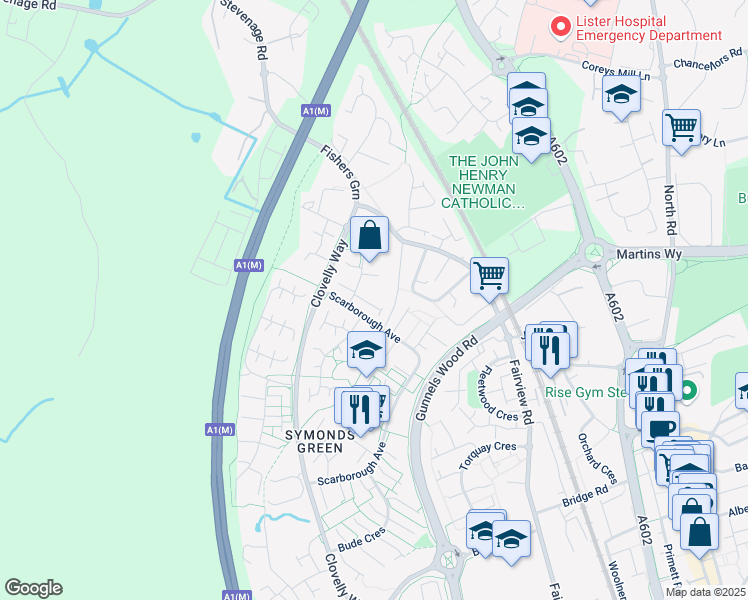 map of restaurants, bars, coffee shops, grocery stores, and more near Skegness Road in Hertfordshire