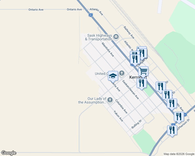 map of restaurants, bars, coffee shops, grocery stores, and more near 546 Columbia Avenue in Kerrobert