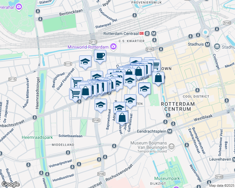 map of restaurants, bars, coffee shops, grocery stores, and more near 22E Adrianastraat in Rotterdam