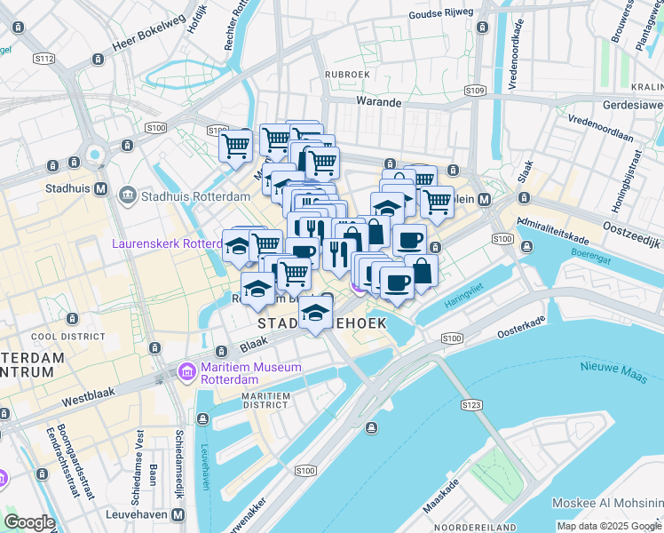 map of restaurants, bars, coffee shops, grocery stores, and more near 110 Hoogstraat in Rotterdam
