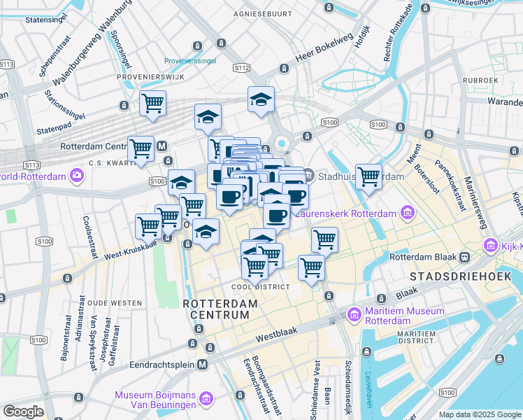 map of restaurants, bars, coffee shops, grocery stores, and more near 54 Lijnbaan in Rotterdam