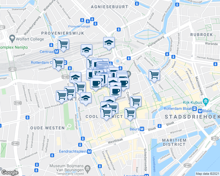 map of restaurants, bars, coffee shops, grocery stores, and more near 54 Lijnbaan in Rotterdam