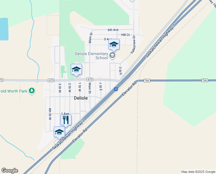 map of restaurants, bars, coffee shops, grocery stores, and more near 304 2 Street East in Delisle