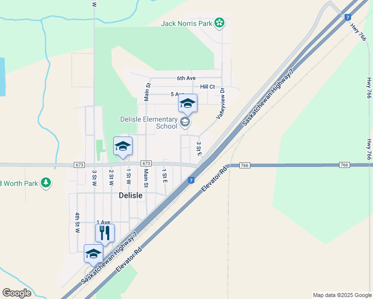 map of restaurants, bars, coffee shops, grocery stores, and more near 304 2 Street East in Delisle