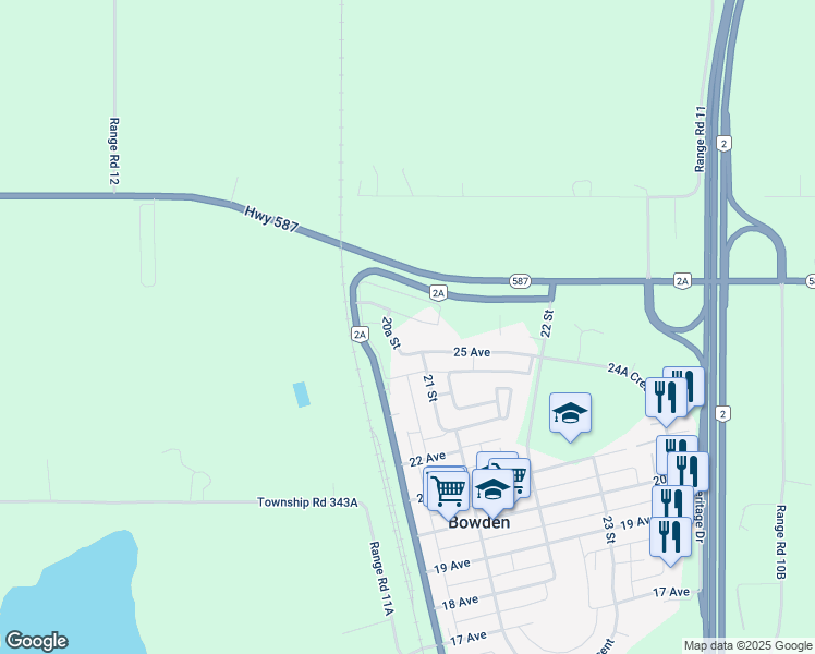 map of restaurants, bars, coffee shops, grocery stores, and more near 2031 26 Avenue in Bowden