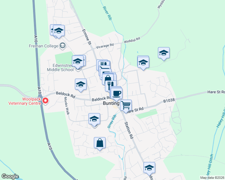 map of restaurants, bars, coffee shops, grocery stores, and more near in Hertfordshire