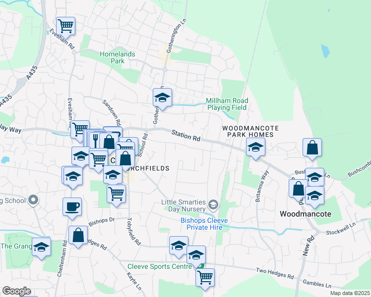 map of restaurants, bars, coffee shops, grocery stores, and more near Priory Lane in Bishops Cleeve