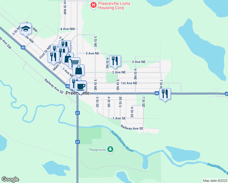 map of restaurants, bars, coffee shops, grocery stores, and more near 456 Saskatchewan 49 in Preeceville