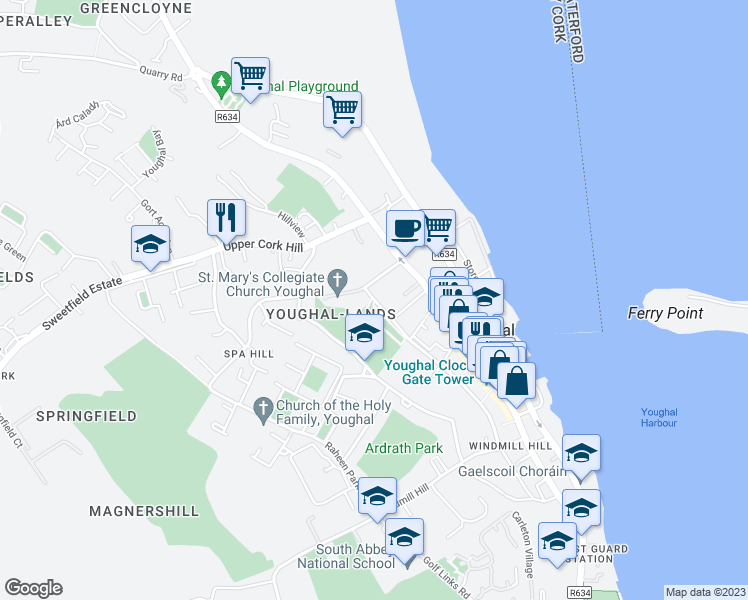 map of restaurants, bars, coffee shops, grocery stores, and more near Emmet Pl in Youghal