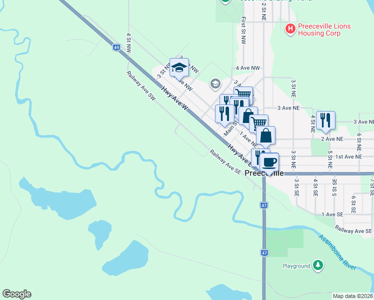 map of restaurants, bars, coffee shops, grocery stores, and more near 36 Railway Avenue Southeast in Preeceville