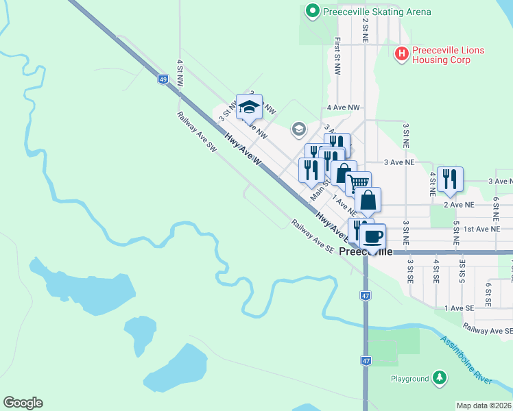 map of restaurants, bars, coffee shops, grocery stores, and more near 36 Railway Avenue Southeast in Preeceville