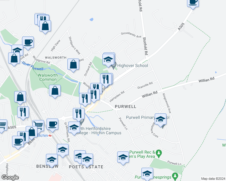 map of restaurants, bars, coffee shops, grocery stores, and more near in Hertfordshire
