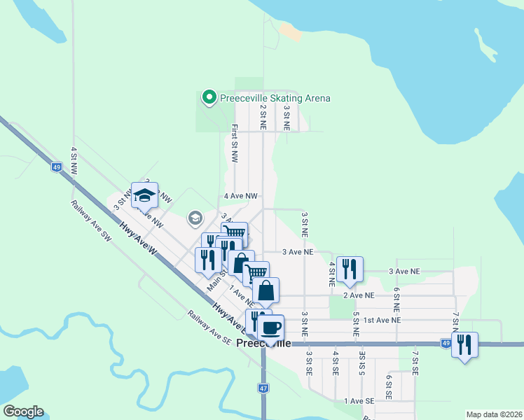 map of restaurants, bars, coffee shops, grocery stores, and more near 501 2 Street Northeast in Preeceville